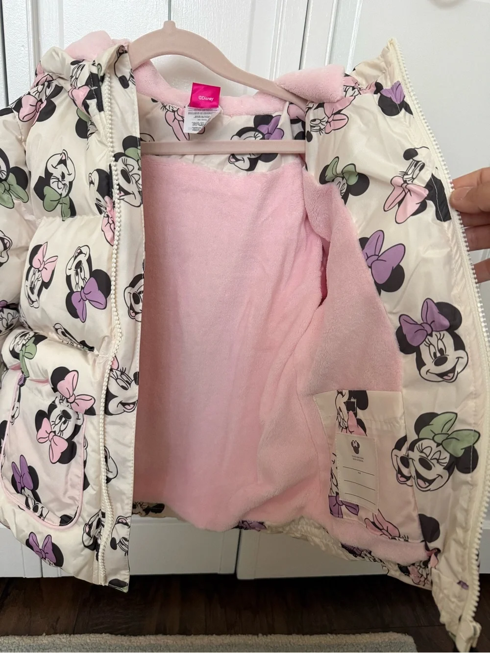 Disney Cream Minnie Mouse Hooded Puffer Jacket with Pink Bow & Black Ear Details